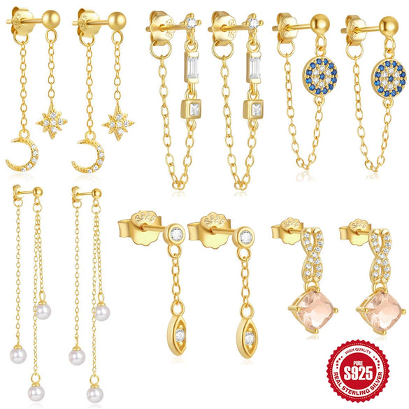 Sterling Silver Geometric Star Moon Tassel Chain Earrings With Electroplating