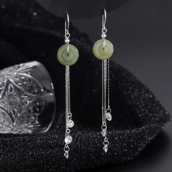 925 Sterling Silver Geometric Tassel Earrings With Jade And Zircon Retro Elegant Dangle Earrings For Women