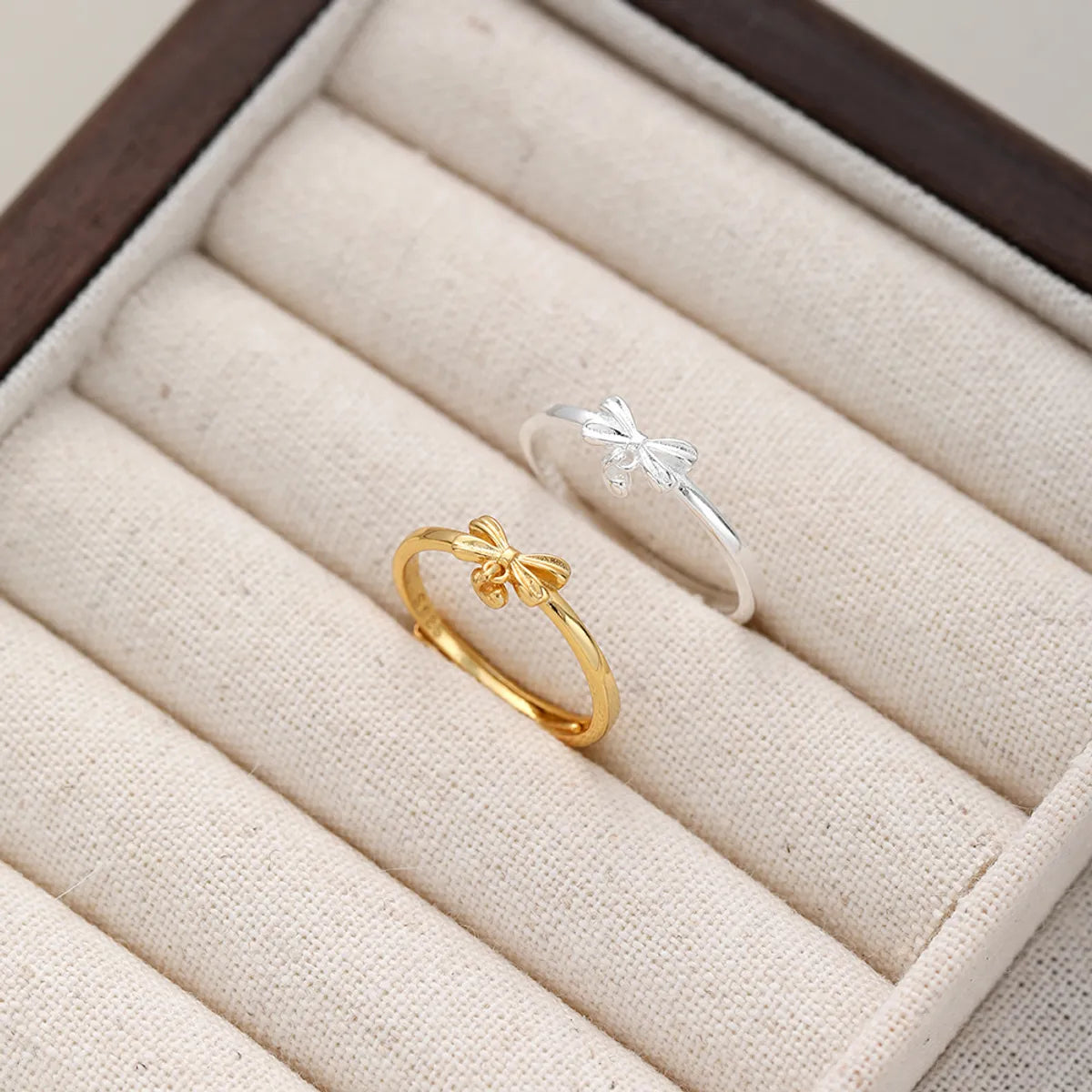 Sterling Silver Gold Plated Casual Heart Shape Bow Knot Open Rings