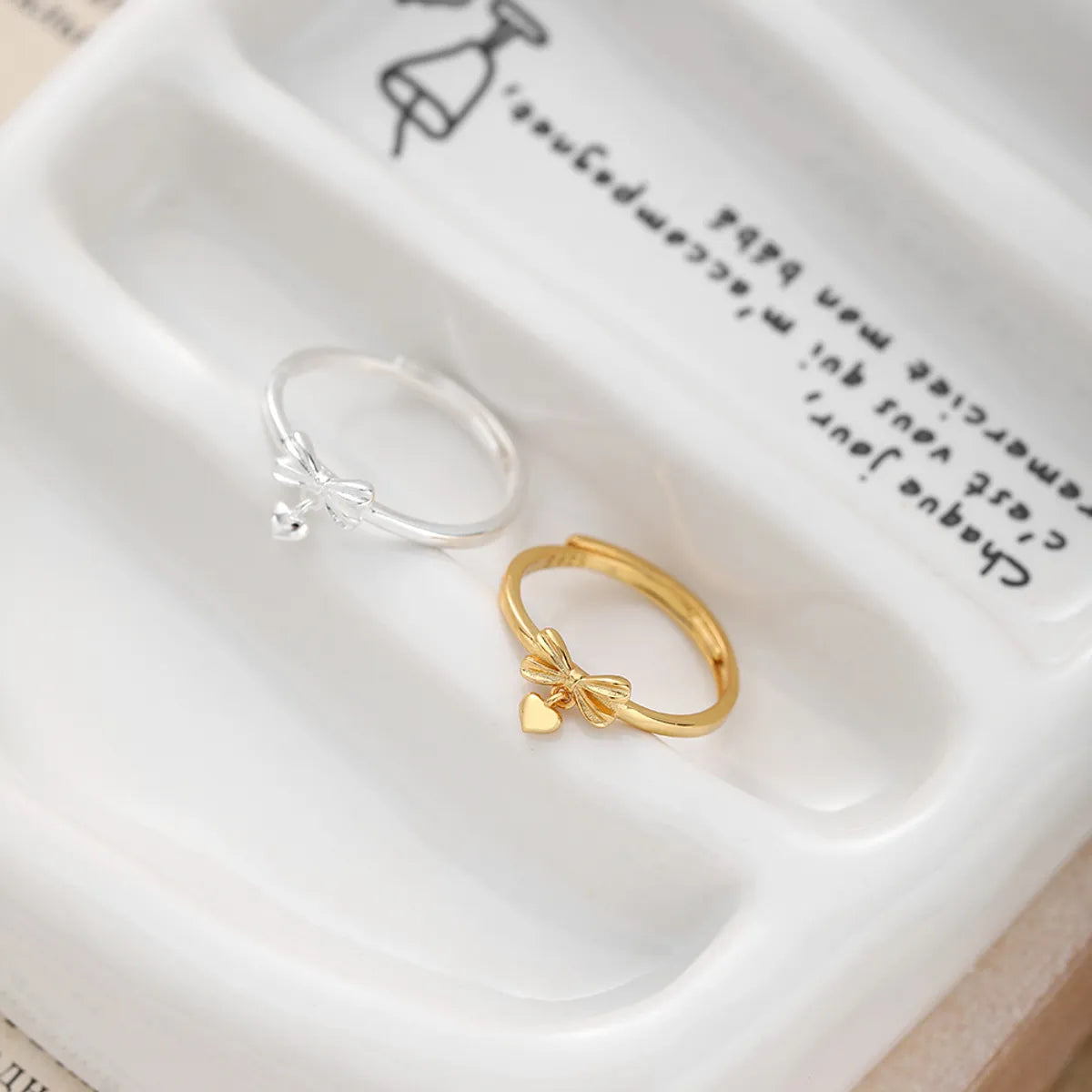 Sterling Silver Gold Plated Casual Heart Shape Bow Knot Open Rings