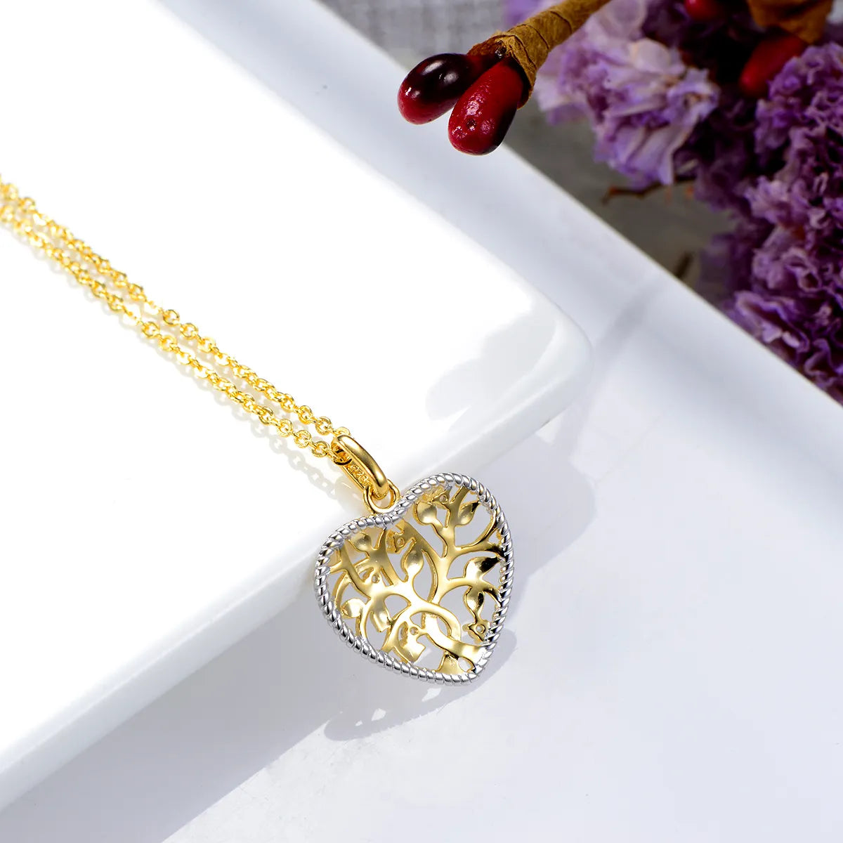 Sterling Silver Gold Plated Elegant Simple Style Leaf Heart Shape Plating Inlay Zircon Pendant Necklace