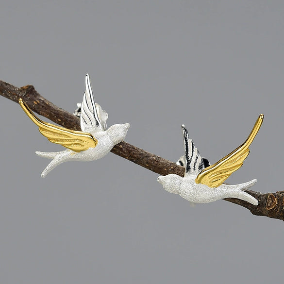 925 Sterling Silver Handmade Swallow Animal Zodiac Earrings With Pendant Electroplated