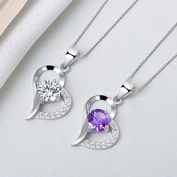 Sterling Silver Heart Pendant Necklace With Mixed Gem Inlay Electroplated Simple Fashion Jewelry