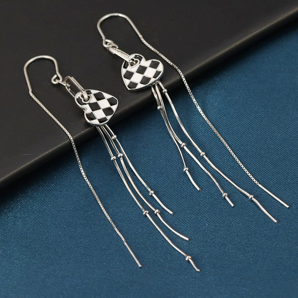 925 Sterling Silver Heart Shaped Black And White Checkered Tassel Earrings For Women Popular Pattern Drop Ear Line