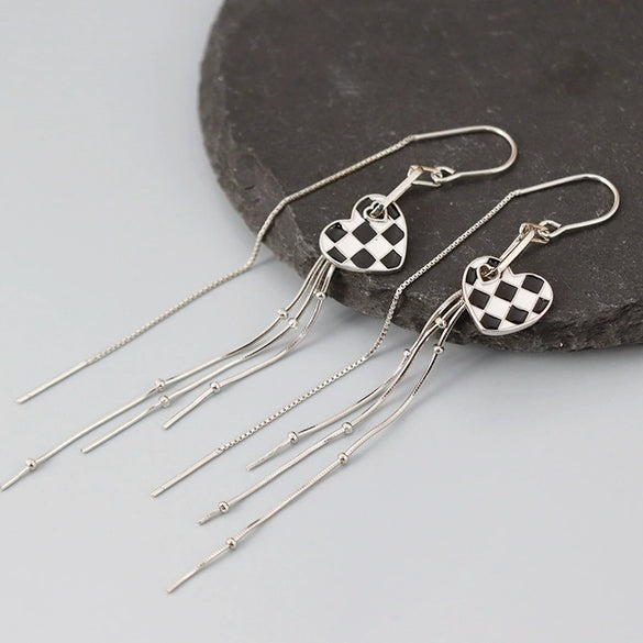 925 Sterling Silver Heart Shaped Black And White Checkered Tassel Earrings For Women Popular Pattern Drop Ear Line