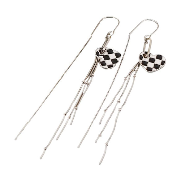 925 Sterling Silver Heart Shaped Black And White Checkered Tassel Earrings For Women Popular Pattern Drop Ear Line