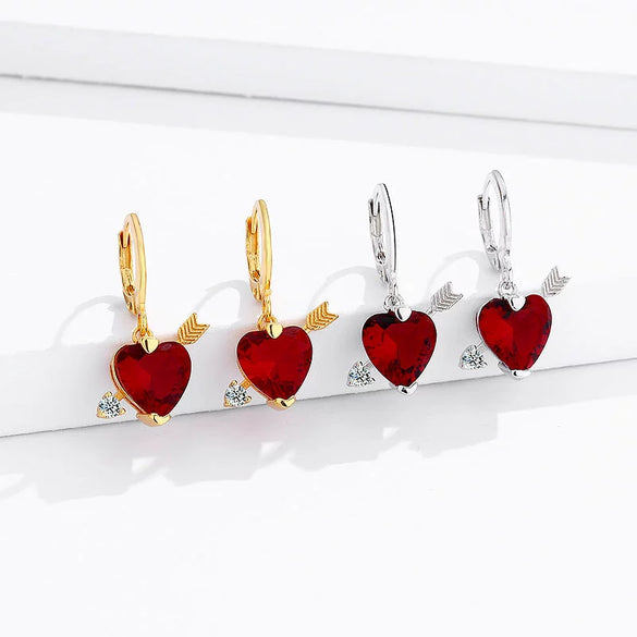 925 Sterling Silver Heart Shaped Earrings With Red Heart Stone Fashion Jewelry For Women And Men