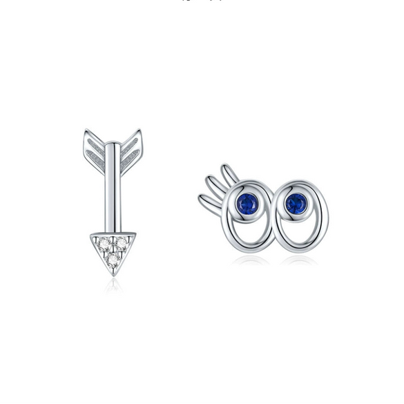 925 Sterling Silver Hollow Eyes Eyelash Arrow Women's Fashion Asymmetric Earrings With Diamond Design