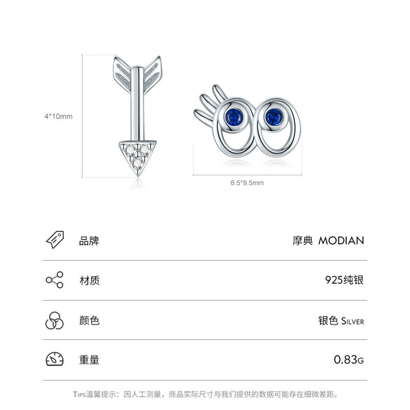 925 Sterling Silver Hollow Eyes Eyelash Arrow Women's Fashion Asymmetric Earrings With Diamond Design