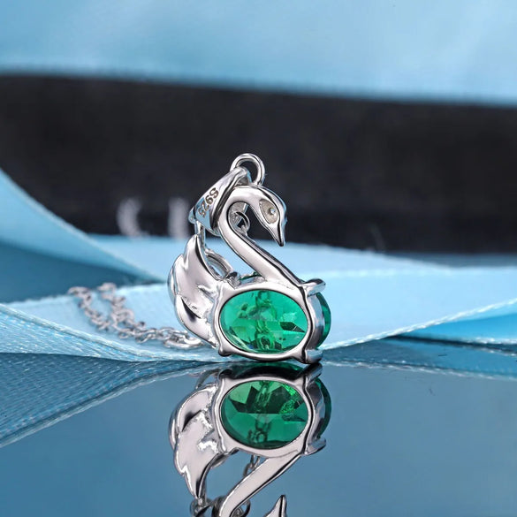 Sterling Silver IG Style Sweet Water Ripples Inlay Swan Lab-Grown Gemstone Pendant Necklace