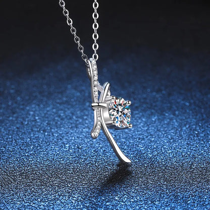 Sterling Silver Inlay Bow Knot Moissanite Zircon Pendant Necklace