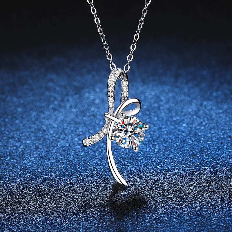 Sterling Silver Inlay Bow Knot Moissanite Zircon Pendant Necklace