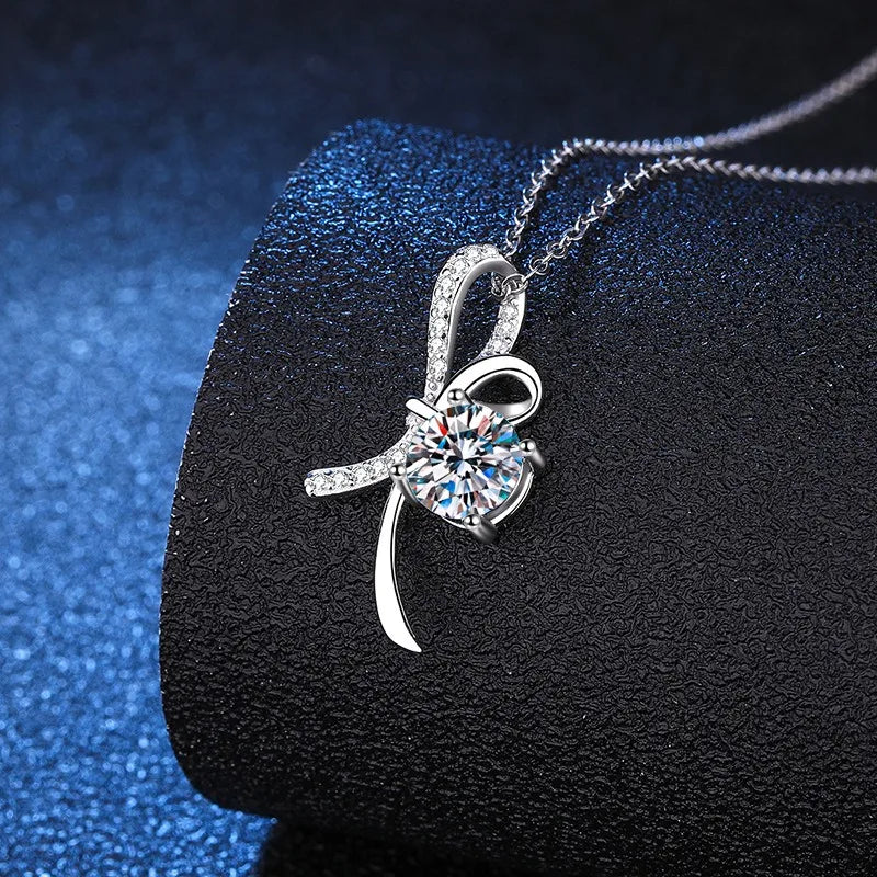 Sterling Silver Inlay Bow Knot Moissanite Zircon Pendant Necklace