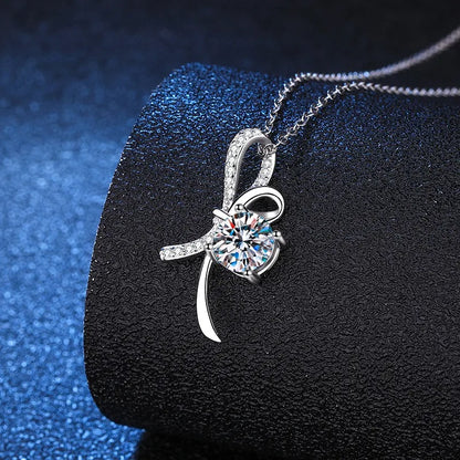 Sterling Silver Inlay Bow Knot Moissanite Zircon Pendant Necklace