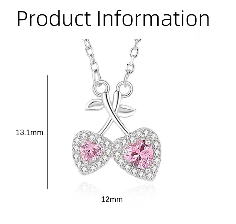 Sterling Silver Inlay Cherry Heart Shape Zircon Pendant Necklace