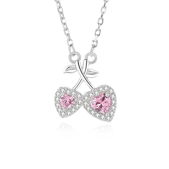 Sterling Silver Inlay Cherry Heart Shape Zircon Pendant Necklace