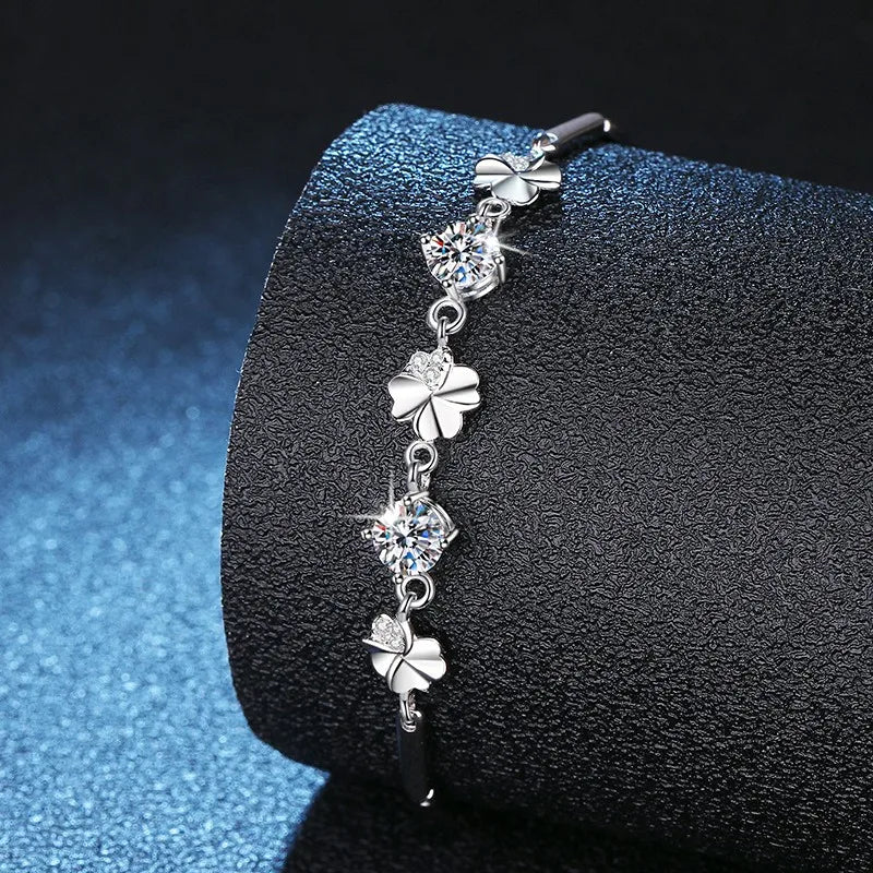 Sterling Silver Inlay Four Leaf Clover Moissanite Zircon Bracelets