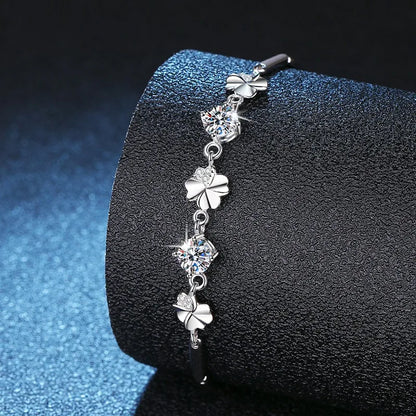 Sterling Silver Inlay Four Leaf Clover Moissanite Zircon Bracelets