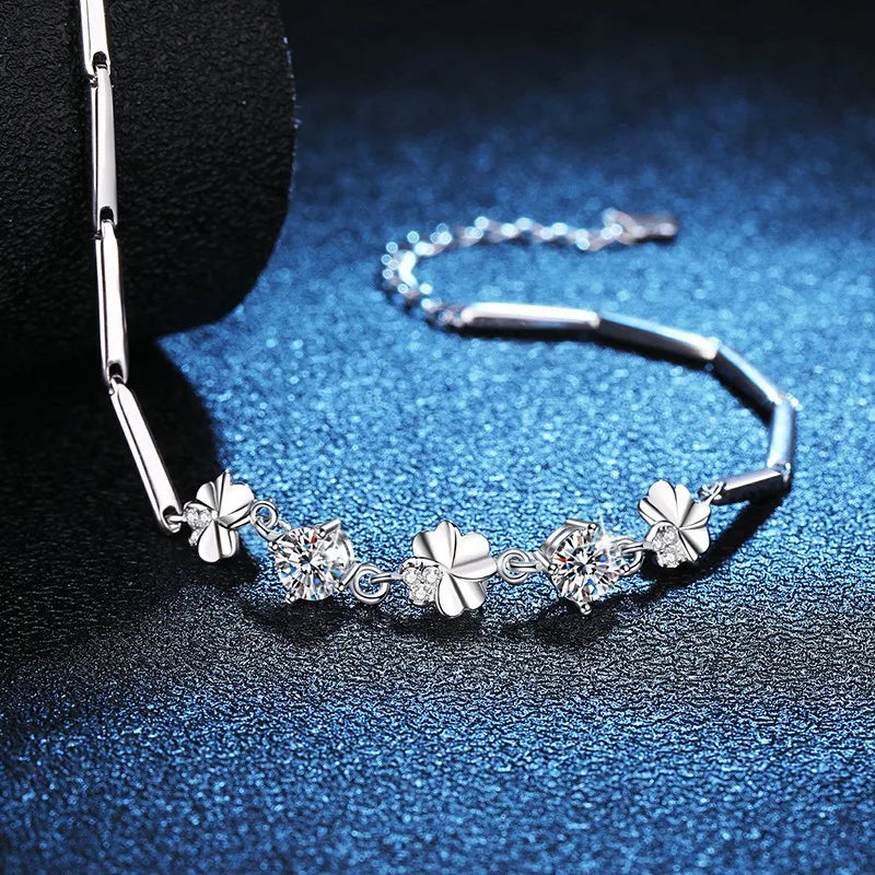 Sterling Silver Inlay Four Leaf Clover Moissanite Zircon Bracelets