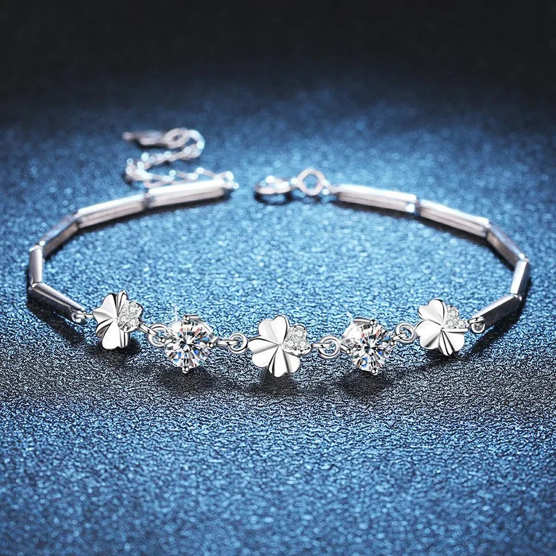 Sterling Silver Inlay Four Leaf Clover Moissanite Zircon Bracelets