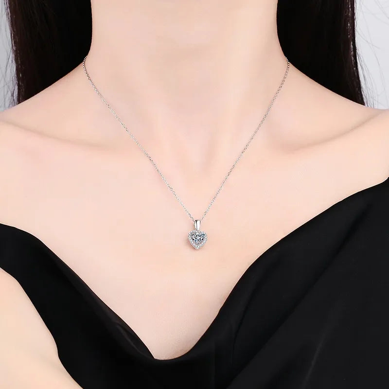 Sterling Silver Inlay Heart Shape Moissanite Zircon Pendant Necklace