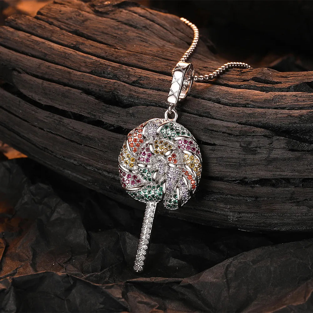 Sterling Silver Inlay Lollipop Zircon Pendant Necklace