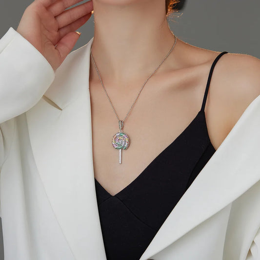 Sterling Silver Inlay Lollipop Zircon Pendant Necklace