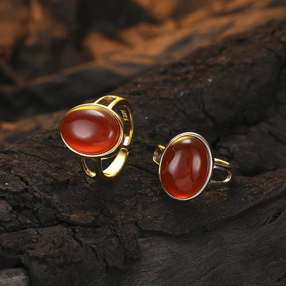 Sterling Silver Inlay Oval Agate Open Rings