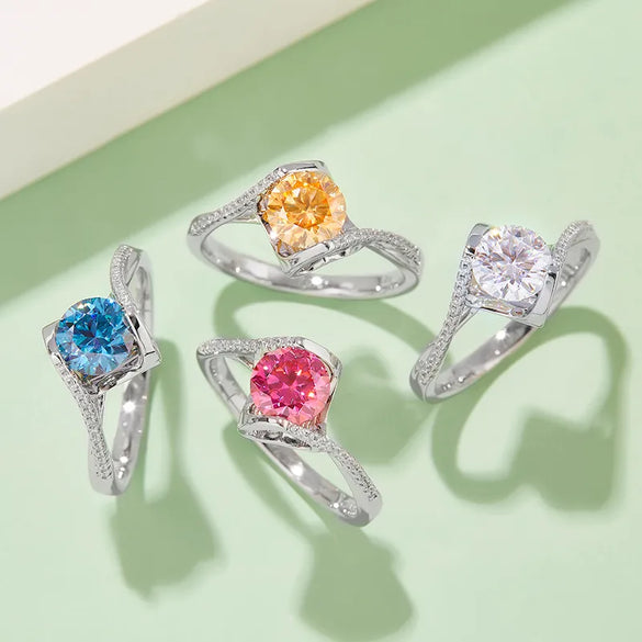 Sterling Silver Inlay Round Moissanite Rings