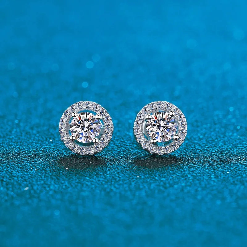 Sterling Silver Inlay Round Moissanite Zircon Ear Studs