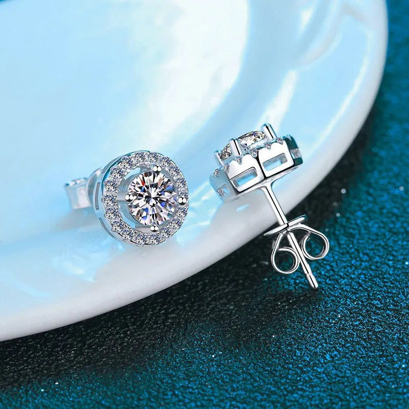 Sterling Silver Inlay Round Moissanite Zircon Ear Studs