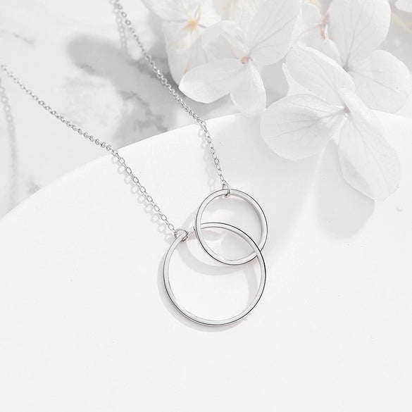 Sterling Silver Interlocking Double Circle Pendant Necklace For Women Geometric Minimalist Collarbone Chain Jewelry