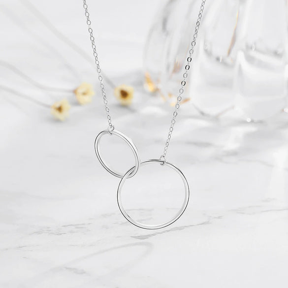 Sterling Silver Interlocking Double Circle Pendant Necklace For Women Geometric Minimalist Collarbone Chain Jewelry