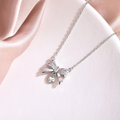 Sterling Silver Lady Heart Shape Bow Knot Pendant Necklace