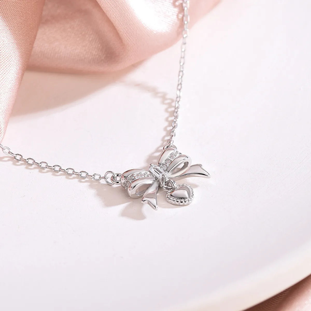 Sterling Silver Lady Heart Shape Bow Knot Pendant Necklace