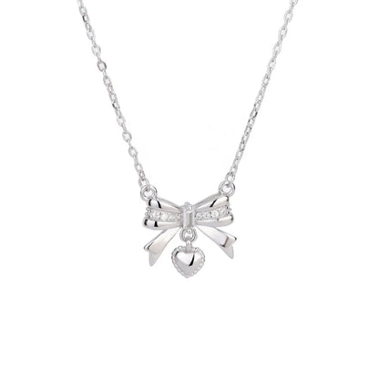 Sterling Silver Lady Heart Shape Bow Knot Pendant Necklace