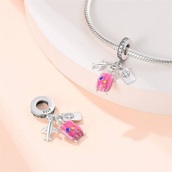 925 Sterling Silver Luggage Aircraft Passport Diy Jewelry Accessories Pendant Bracelet With Dripping Oil Design