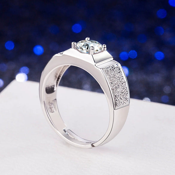 925 Sterling Silver Men's Geometric Adjustable Ring With Sandblasted Finish And Simulated Diamond Electroplated Fashion Jewelry