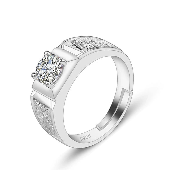 925 Sterling Silver Men's Geometric Adjustable Ring With Sandblasted Finish And Simulated Diamond Electroplated Fashion Jewelry
