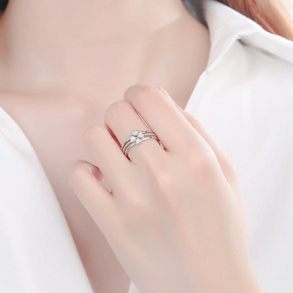 925 Sterling Silver Minimalist Four Leaf Clover Detachable Adjustable Ring For Women Diamond Inlay Lucky Floral Jewelry