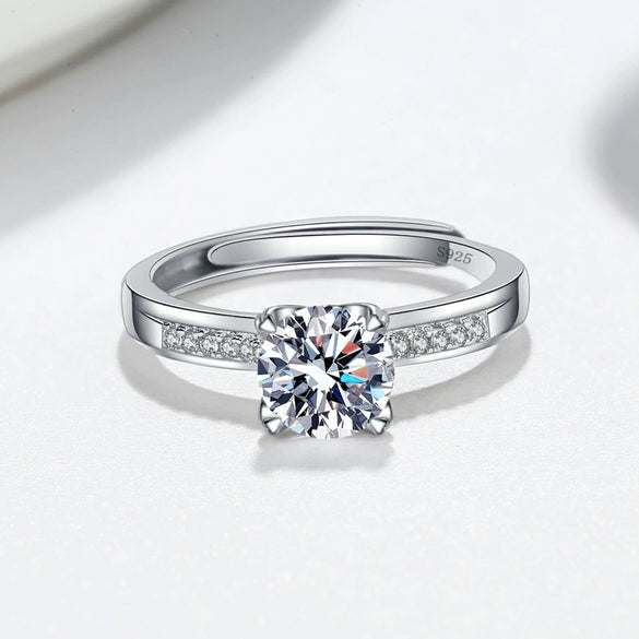 Sterling Silver Moissanite Open Ring For Women Geometric Four Prong Adjustable Wedding Birthday Gift Electroplated Fine Jewelry