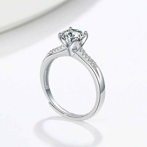 Sterling Silver Moissanite Open Ring For Women Geometric Four Prong Adjustable Wedding Birthday Gift Electroplated Fine Jewelry