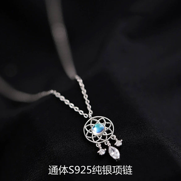Sterling Silver Moonstone Necklace With Geometric Drop Pendant And Dreamcatcher Inspired Design For Women