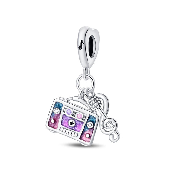 Sterling Silver Music Series Guitar Harp Bag Charm Beads Diy Jewelry Bracelet Accessories Dripping Oil Style