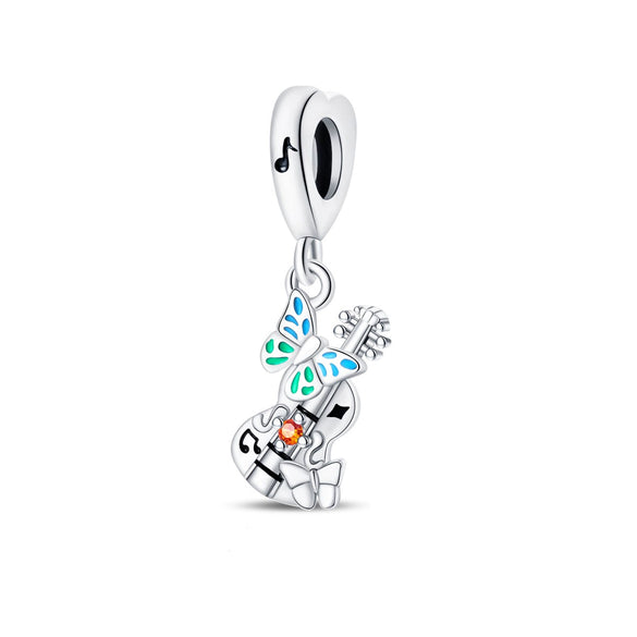 Sterling Silver Music Series Guitar Harp Bag Charm Beads Diy Jewelry Bracelet Accessories Dripping Oil Style