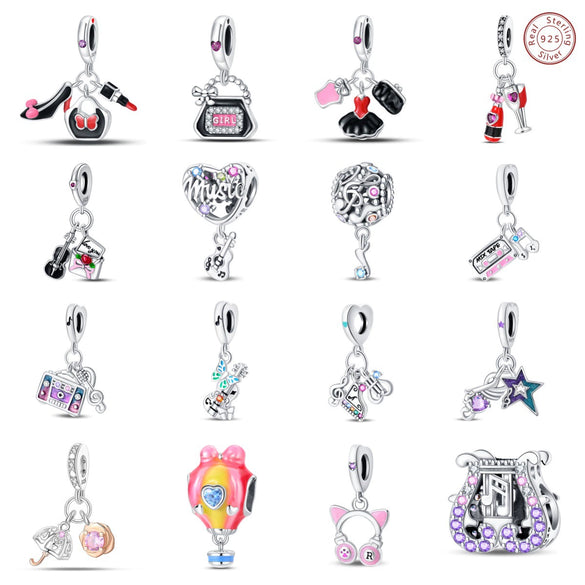 Sterling Silver Music Series Guitar Harp Bag Charm Beads Diy Jewelry Bracelet Accessories Dripping Oil Style