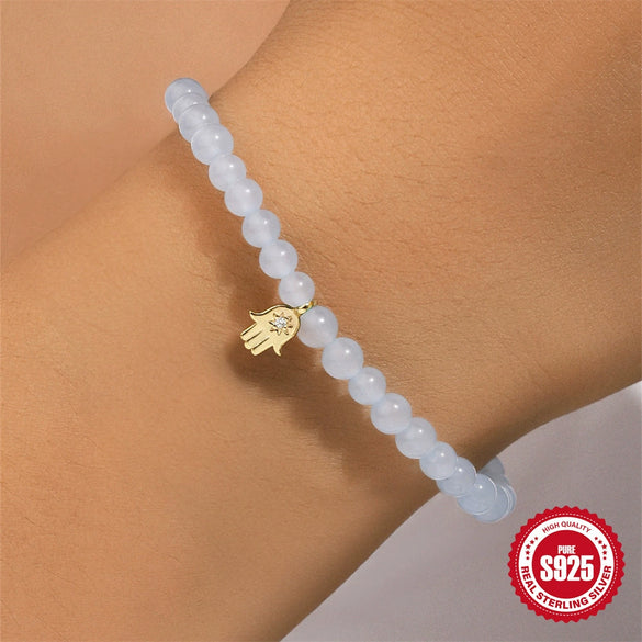 925 Sterling Silver Navy Chalcedony Handmade Beaded Bracelet With Geometric Pattern And Electroplating For Women