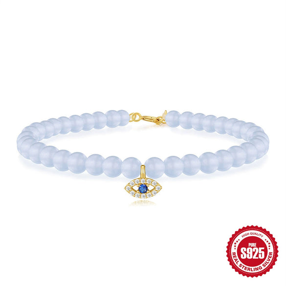 925 Sterling Silver Navy Chalcedony Handmade Beaded Bracelet With Geometric Pattern And Electroplating For Women