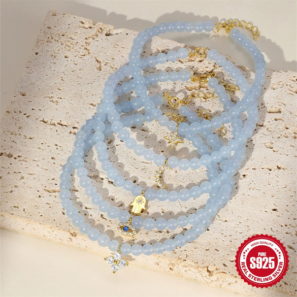 925 Sterling Silver Navy Chalcedony Handmade Beaded Bracelet With Geometric Pattern And Electroplating For Women