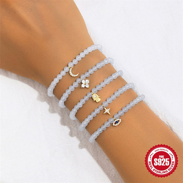 925 Sterling Silver Navy Chalcedony Handmade Beaded Bracelet With Geometric Pattern And Electroplating For Women